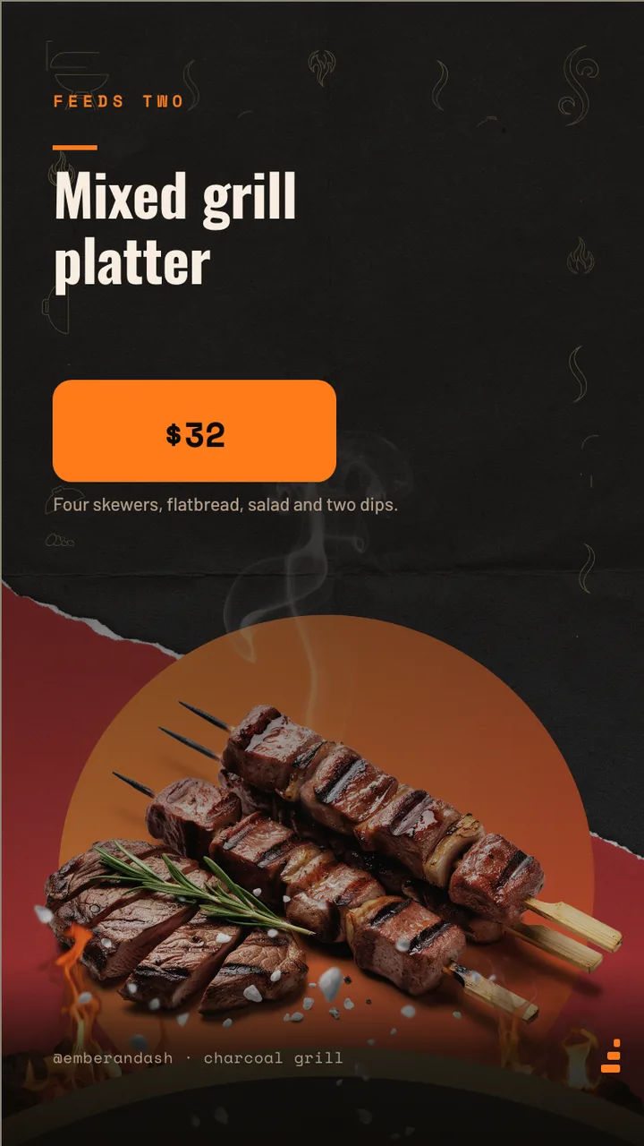 Charcoal grill kebab menu board · Portrait for Ember & Ash: slide 3 of 4, the offer of the day with its price