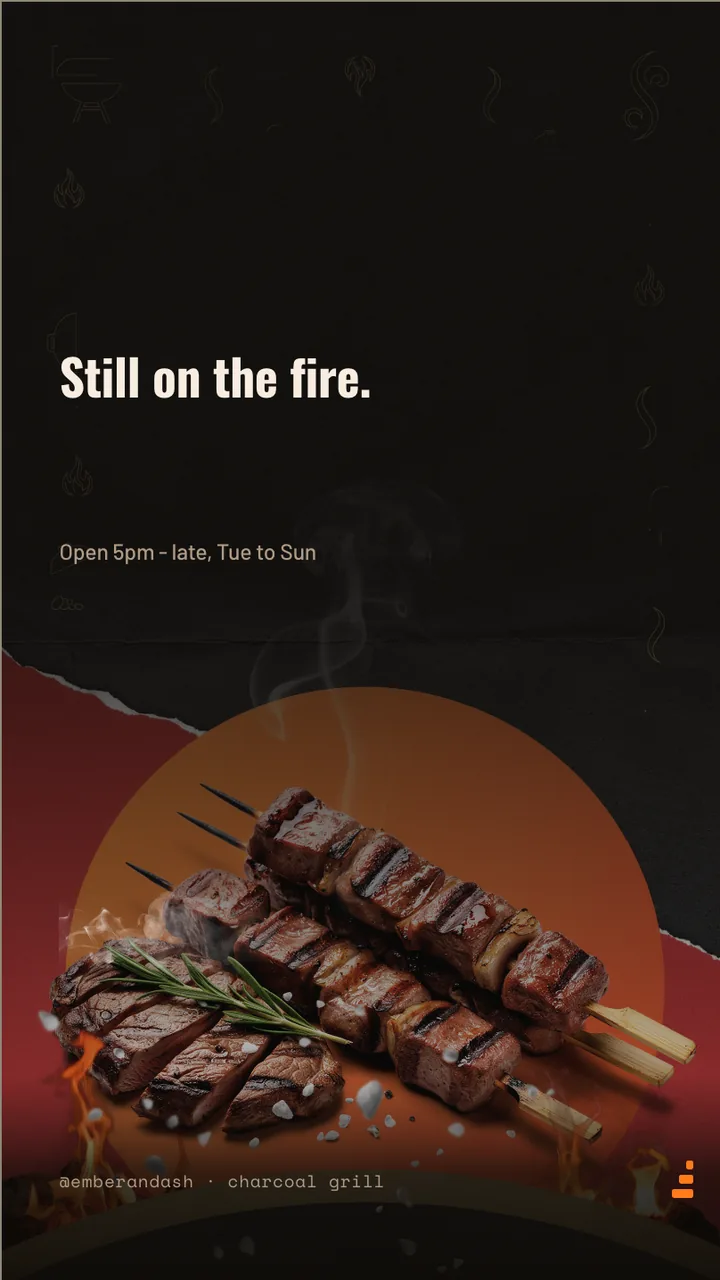 Charcoal grill kebab menu board · Portrait for Ember & Ash: slide 4 of 4, the sign-off with opening hours
