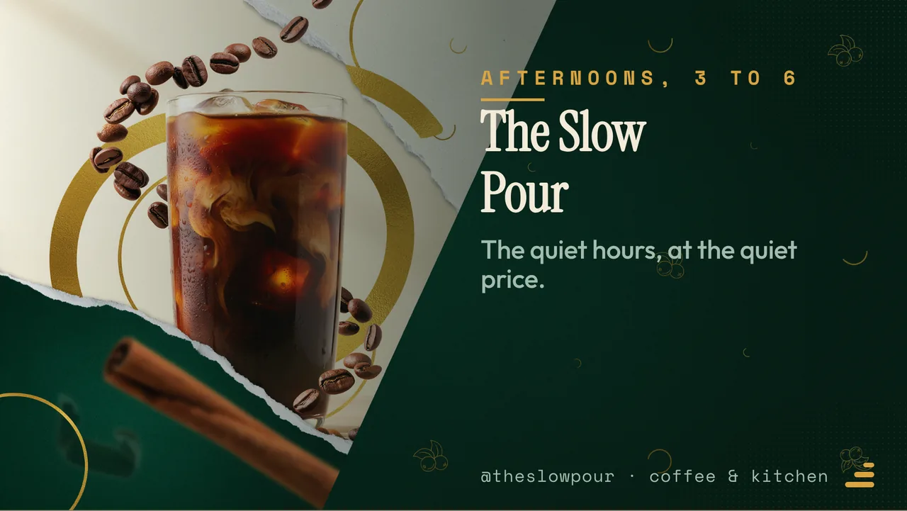 Cafe happy hour offer board: the opening slide, showing the venue name and what it is known for