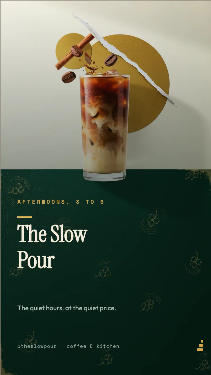 Cafe happy hour offer board · Portrait for The Slow Pour: slide 1 of 4, the venue and what it is known for