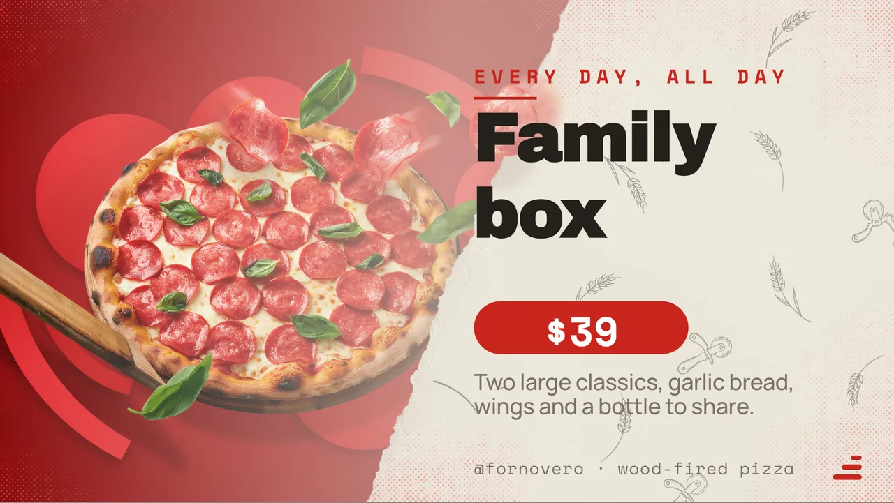 Pizzeria family combo offer board · Landscape for Forno Vero: slide 3 of 4, the offer of the day with its price
