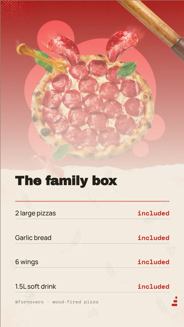 Pizzeria family combo offer board · Portrait for Forno Vero: slide 2 of 4, the priced menu of dishes