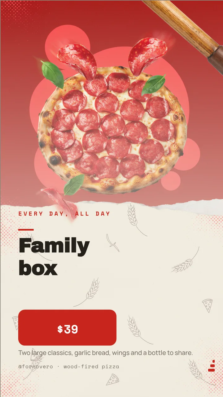 Pizzeria family combo offer board · Portrait for Forno Vero: slide 3 of 4, the offer of the day with its price