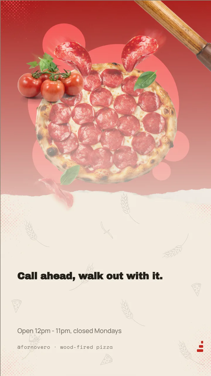 Pizzeria family combo offer board · Portrait for Forno Vero: slide 4 of 4, the sign-off with opening hours