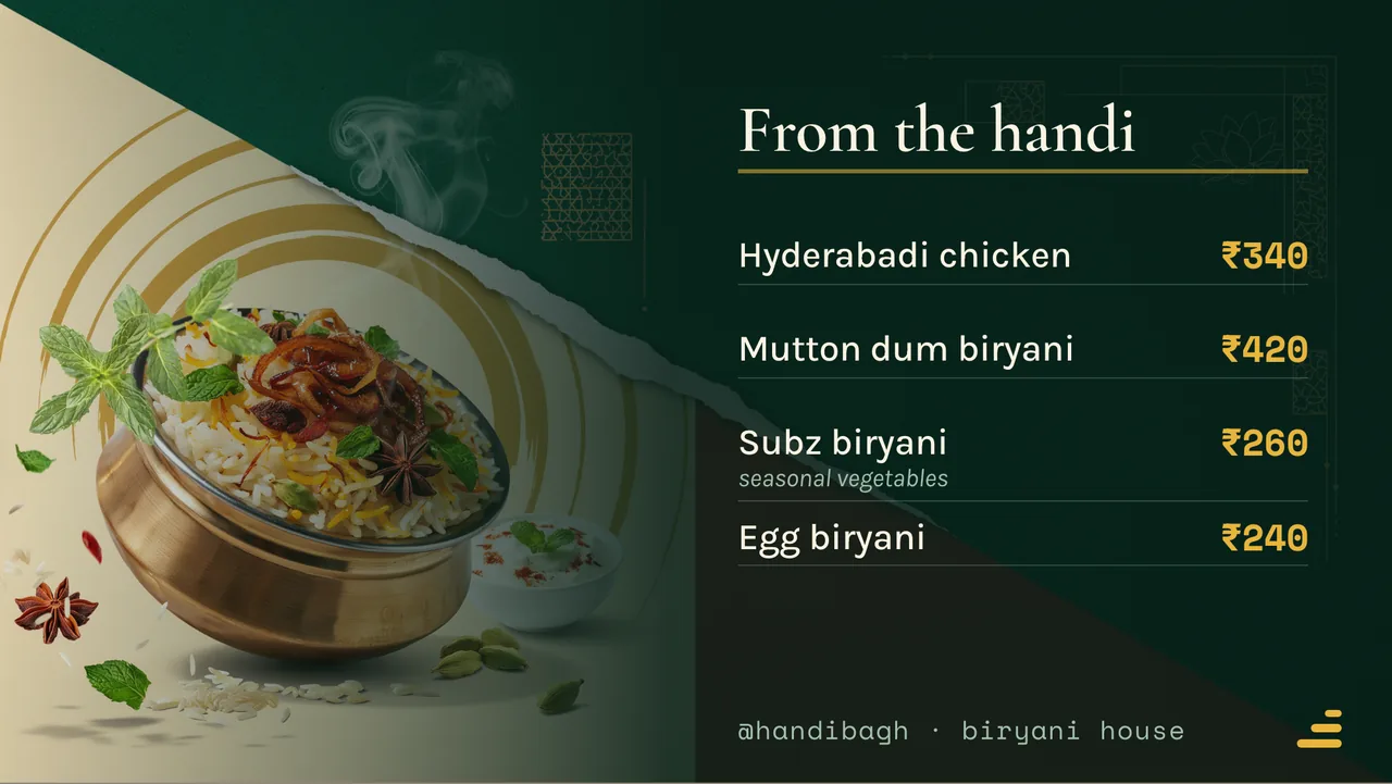 Biryani house dum special board · Landscape for Handi Bagh: slide 2 of 4, the priced menu of dishes