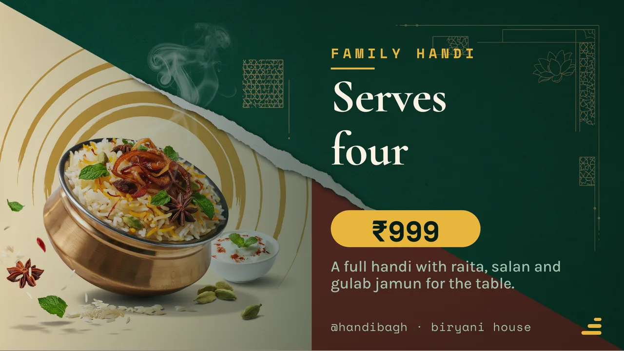 Biryani house dum special board · Landscape for Handi Bagh: slide 3 of 4, the offer of the day with its price