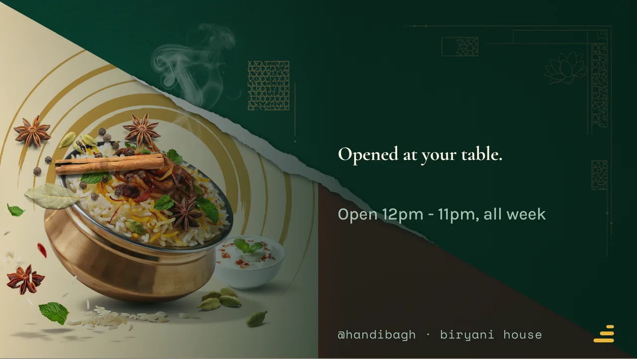 Biryani house dum special board · Landscape for Handi Bagh: slide 4 of 4, the sign-off with opening hours
