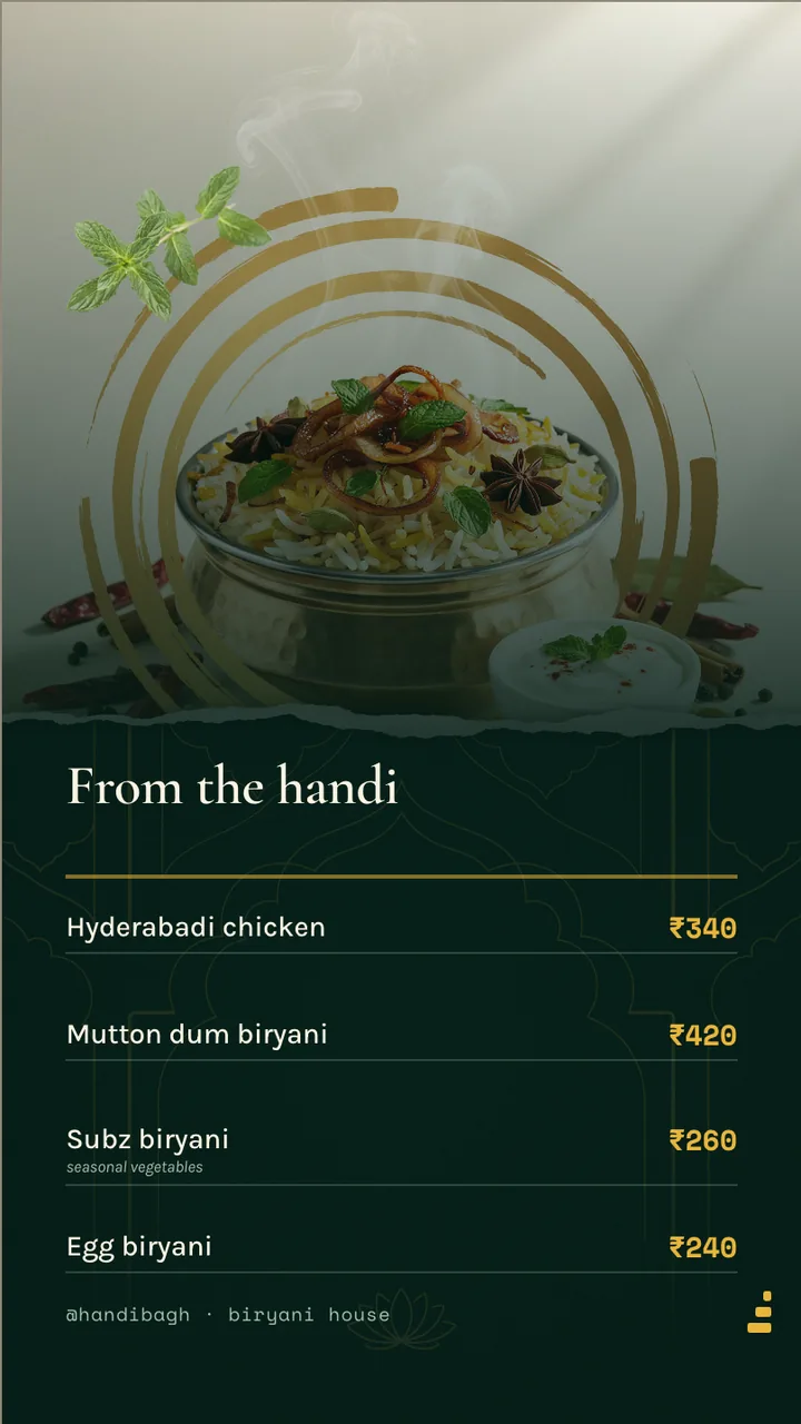 Biryani house dum special board · Portrait for Handi Bagh: slide 2 of 4, the priced menu of dishes