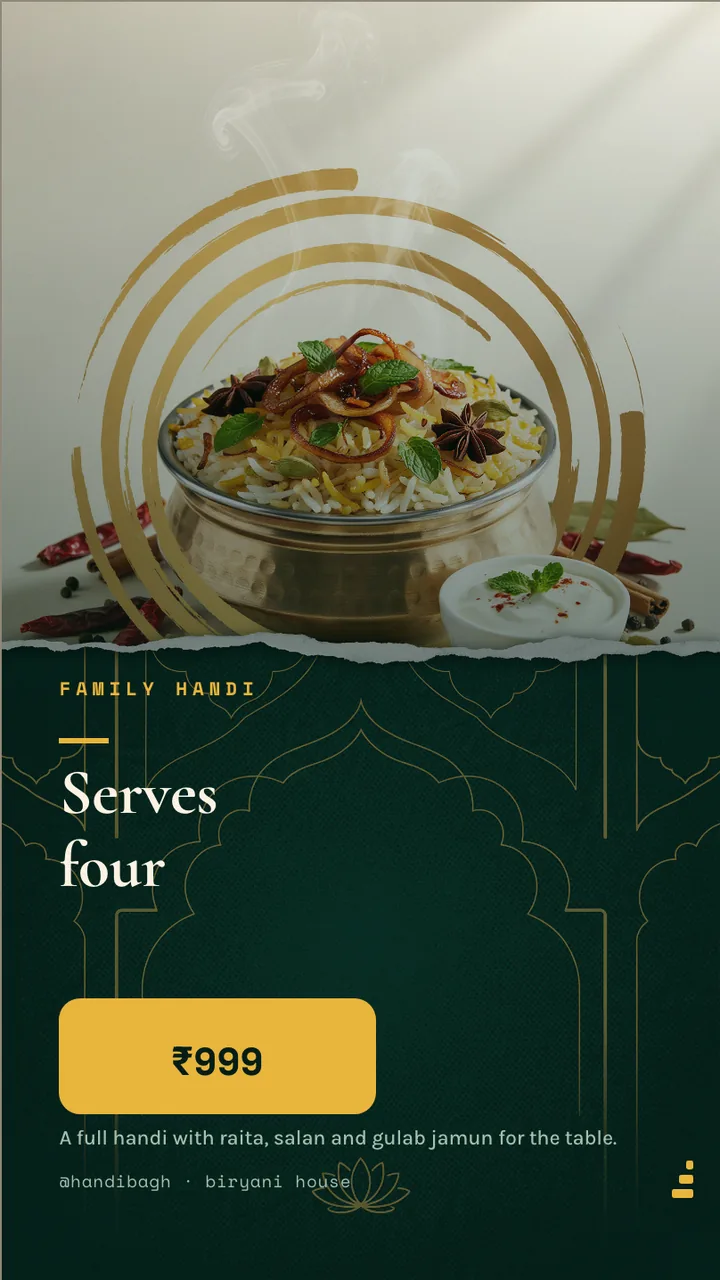 Biryani house dum special board · Portrait for Handi Bagh: slide 3 of 4, the offer of the day with its price