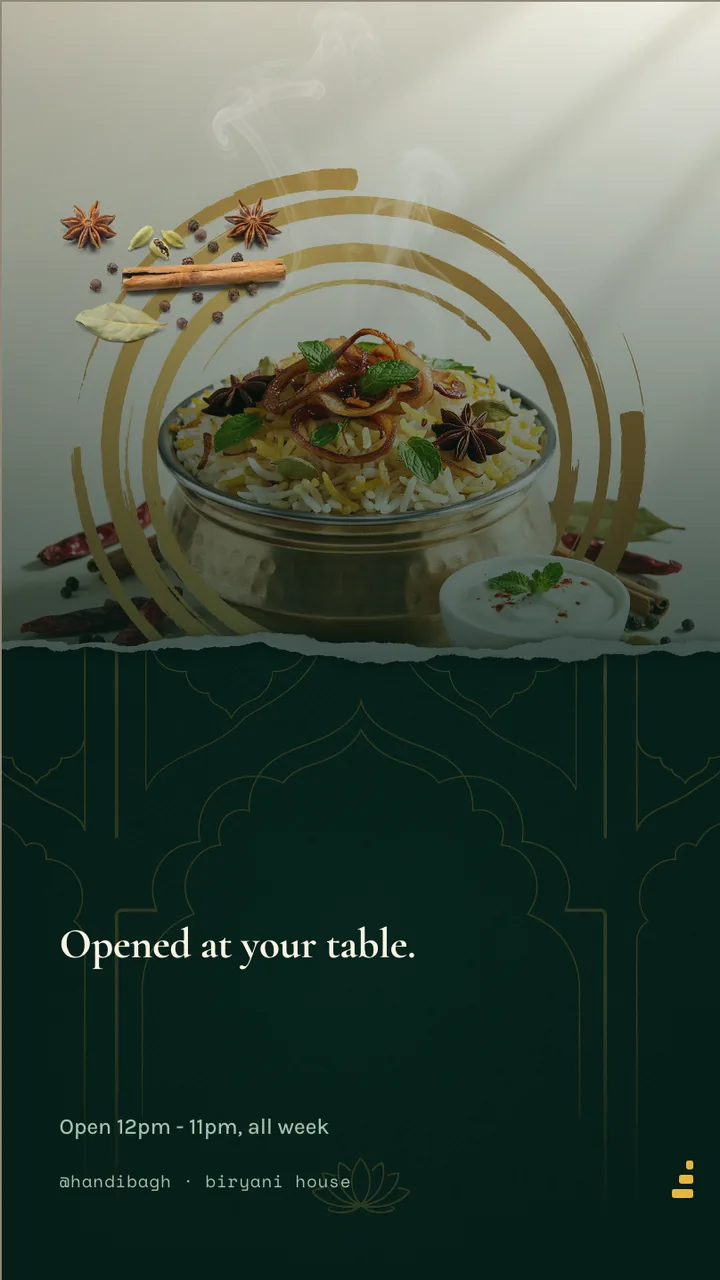 Biryani house dum special board · Portrait for Handi Bagh: slide 4 of 4, the sign-off with opening hours