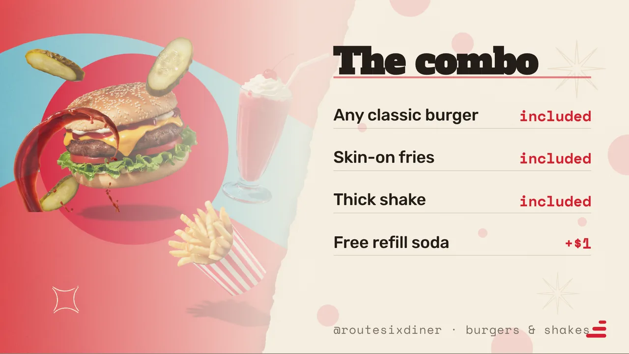 Diner burger combo meal board · Landscape for Route Six Diner: slide 2 of 4, the priced menu of dishes