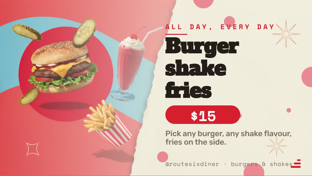 Diner burger combo meal board · Landscape for Route Six Diner: slide 3 of 4, the offer of the day with its price