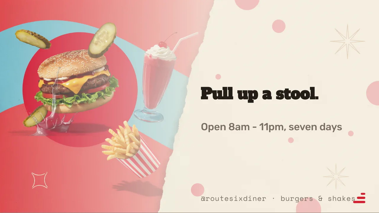 Diner burger combo meal board · Landscape for Route Six Diner: slide 4 of 4, the sign-off with opening hours