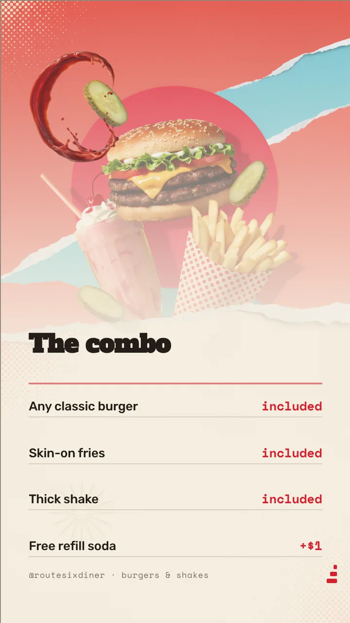 Diner burger combo meal board · Portrait for Route Six Diner: slide 2 of 4, the priced menu of dishes