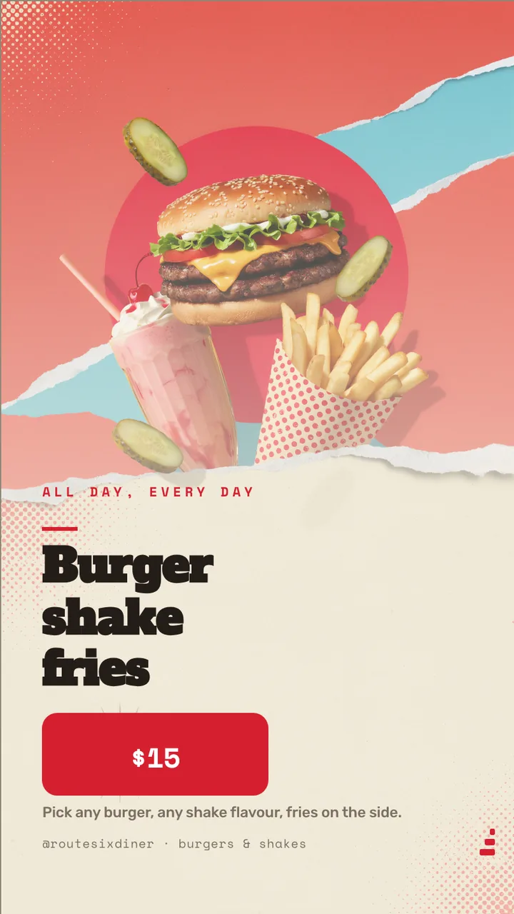 Diner burger combo meal board · Portrait for Route Six Diner: slide 3 of 4, the offer of the day with its price