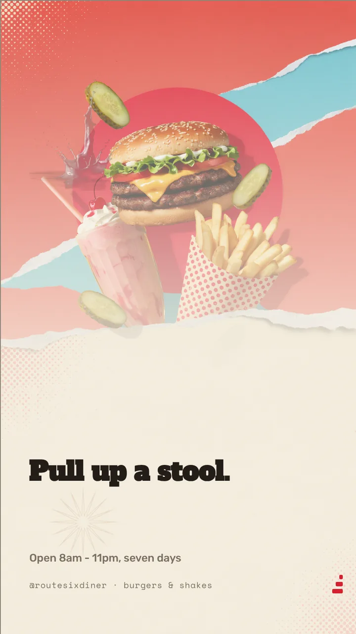 Diner burger combo meal board · Portrait for Route Six Diner: slide 4 of 4, the sign-off with opening hours