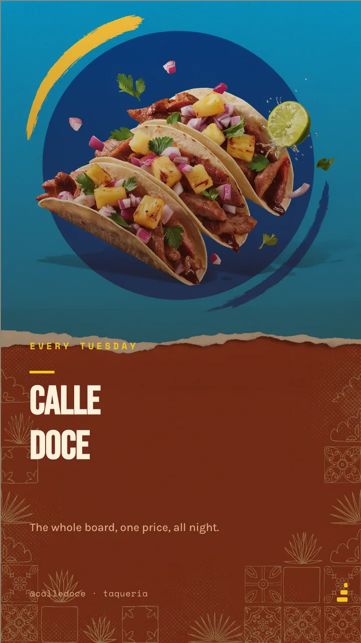 Taco Tuesday promo board · Portrait for Calle Doce: slide 1 of 4, the venue and what it is known for