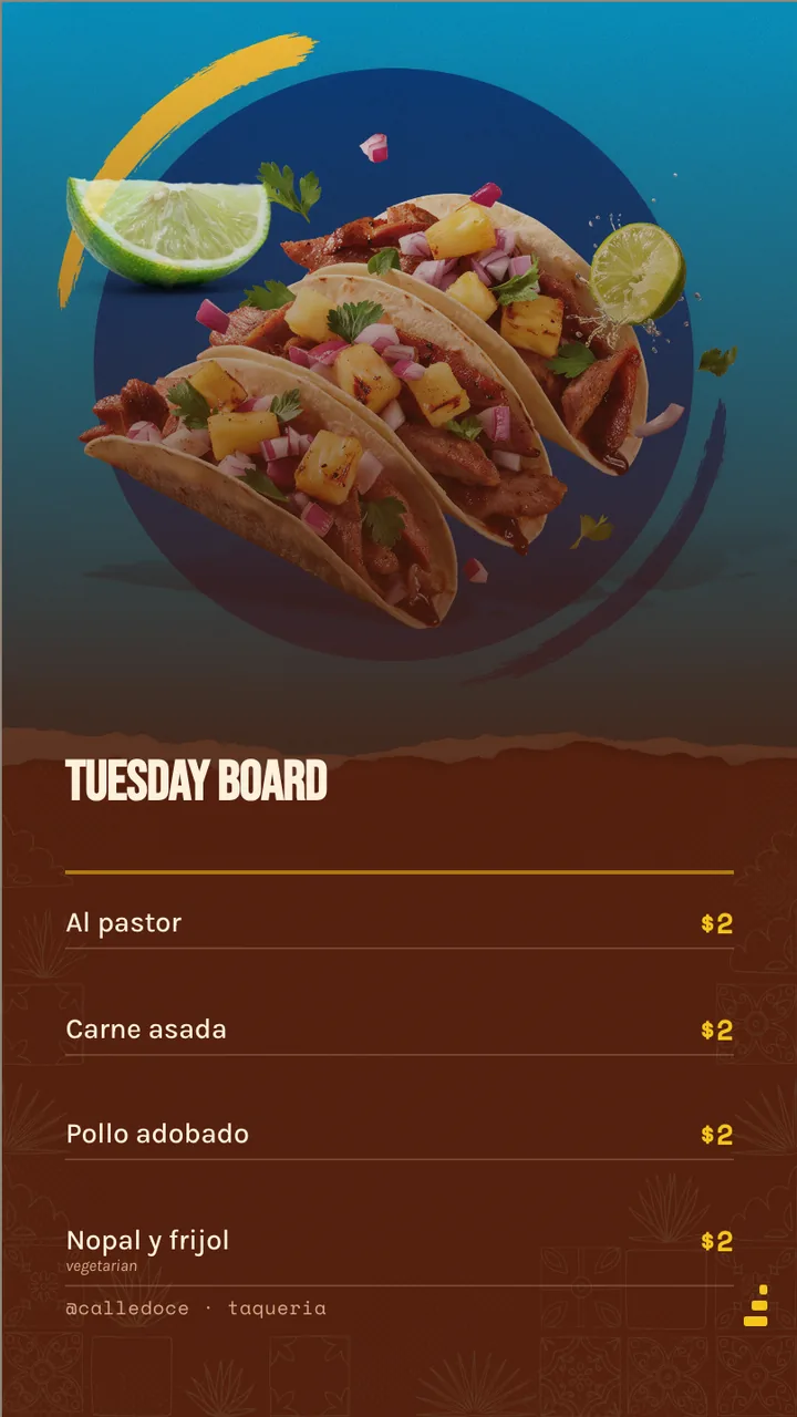 Taco Tuesday promo board · Portrait for Calle Doce: slide 2 of 4, the priced menu of dishes