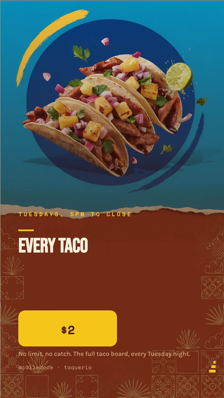 Taco Tuesday promo board · Portrait for Calle Doce: slide 3 of 4, the offer of the day with its price