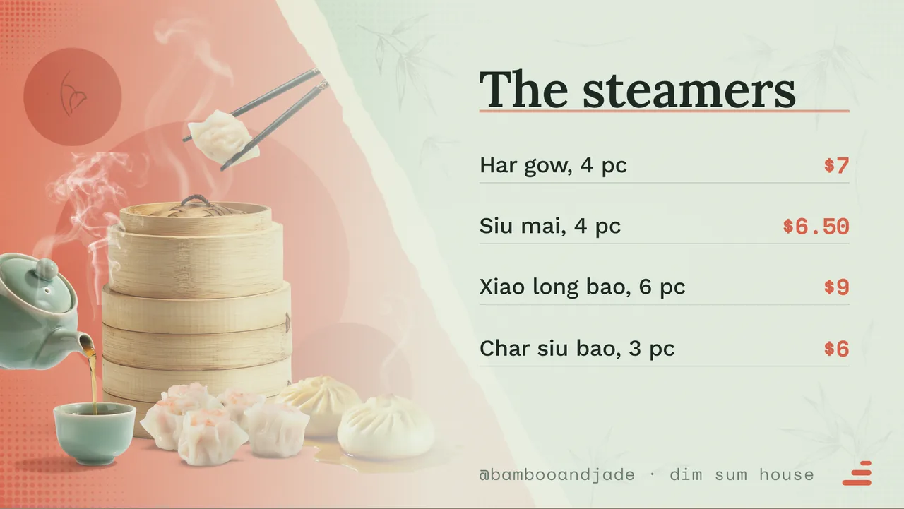 Dim sum steamer menu board · Landscape for Bamboo & Jade: slide 2 of 4, the priced menu of dishes