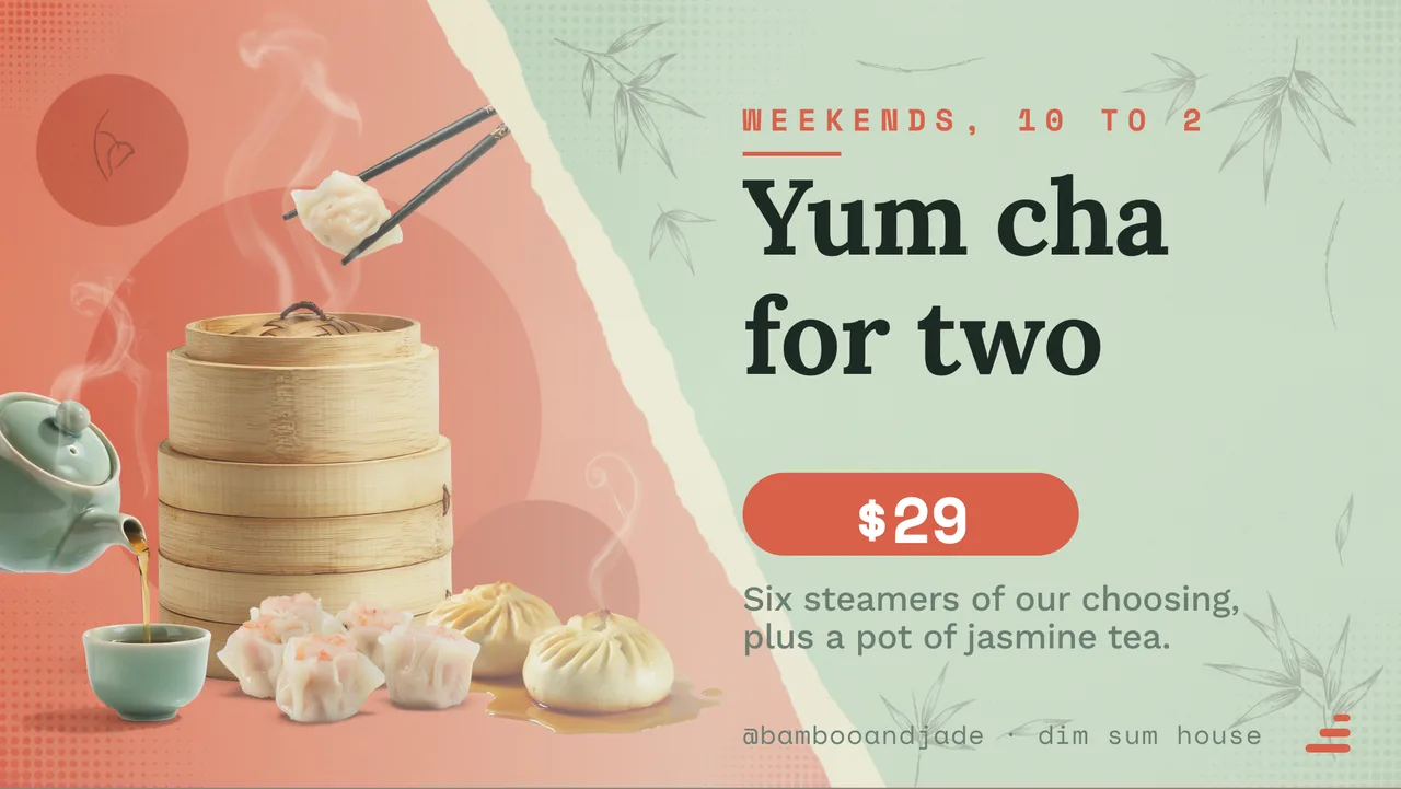Dim sum steamer menu board · Landscape for Bamboo & Jade: slide 3 of 4, the offer of the day with its price