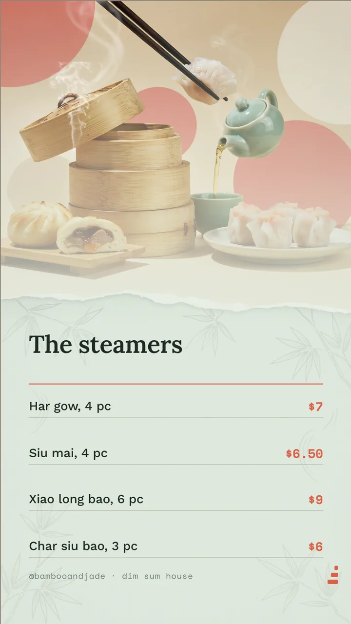 Dim sum steamer menu board · Portrait for Bamboo & Jade: slide 2 of 4, the priced menu of dishes