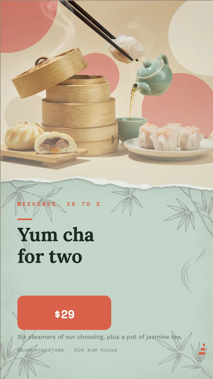 Dim sum steamer menu board · Portrait for Bamboo & Jade: slide 3 of 4, the offer of the day with its price