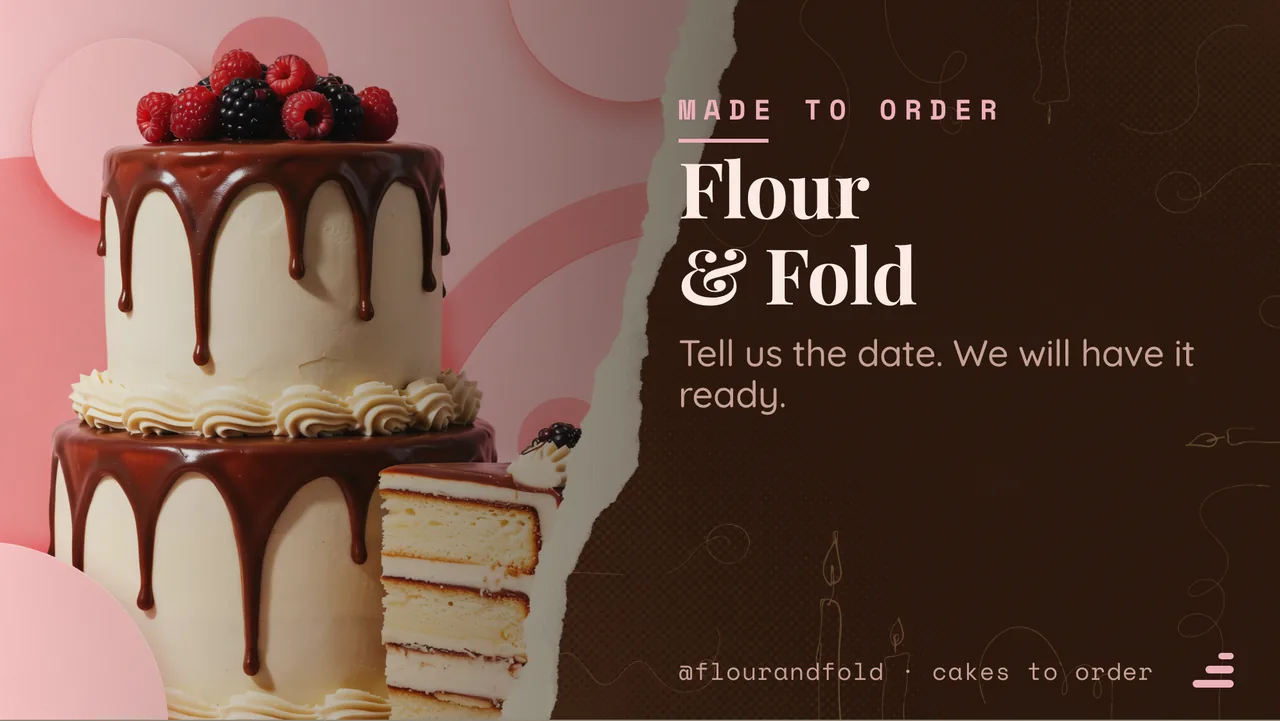 Cake shop custom order board: the opening slide, showing the venue name and what it is known for