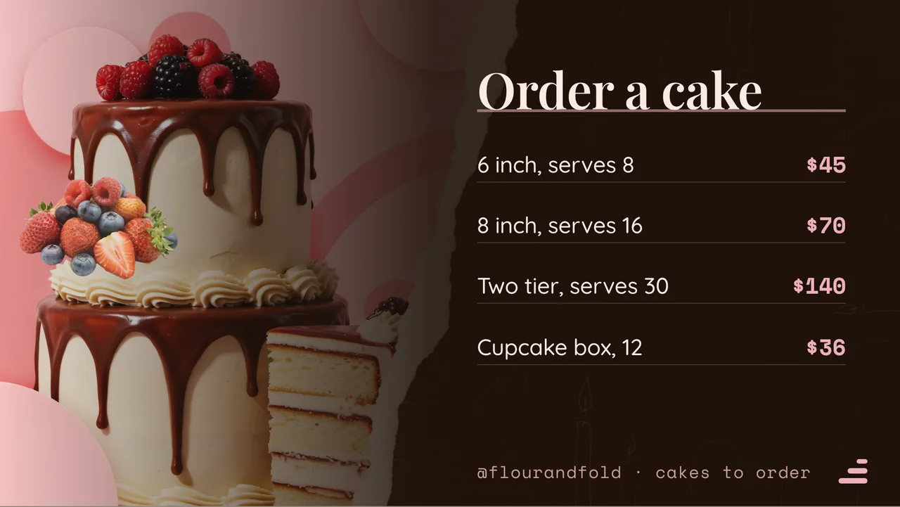 Cake shop custom order board · Landscape for Flour & Fold: slide 2 of 4, the priced menu of dishes