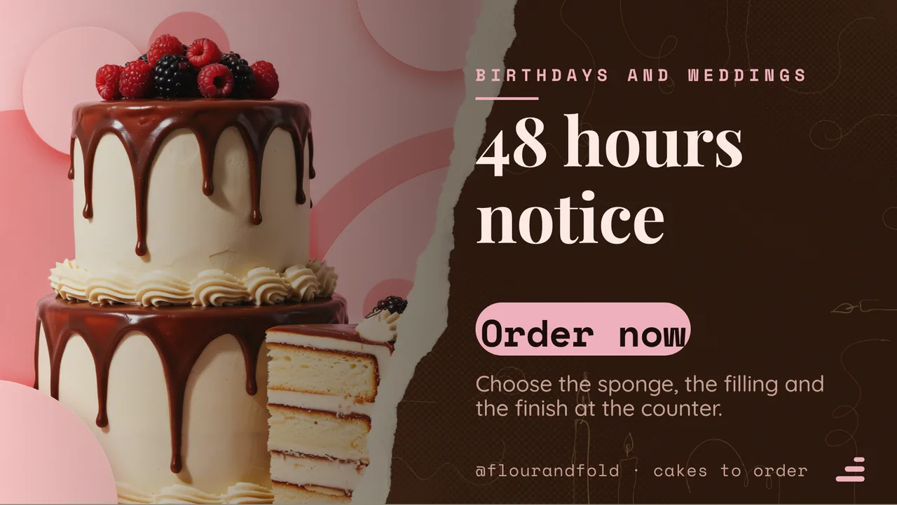 Cake shop custom order board · Landscape for Flour & Fold: slide 3 of 4, the offer of the day with its price