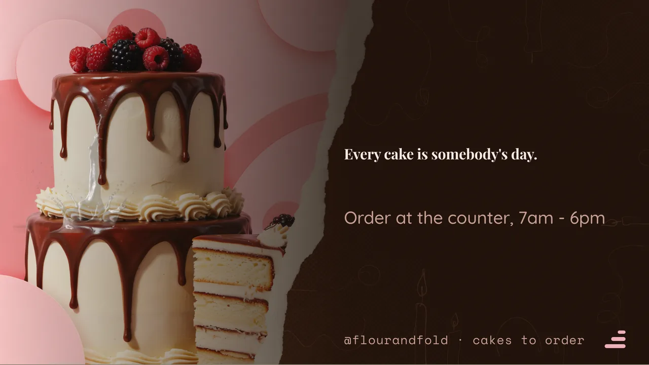 Cake shop custom order board · Landscape for Flour & Fold: slide 4 of 4, the sign-off with opening hours