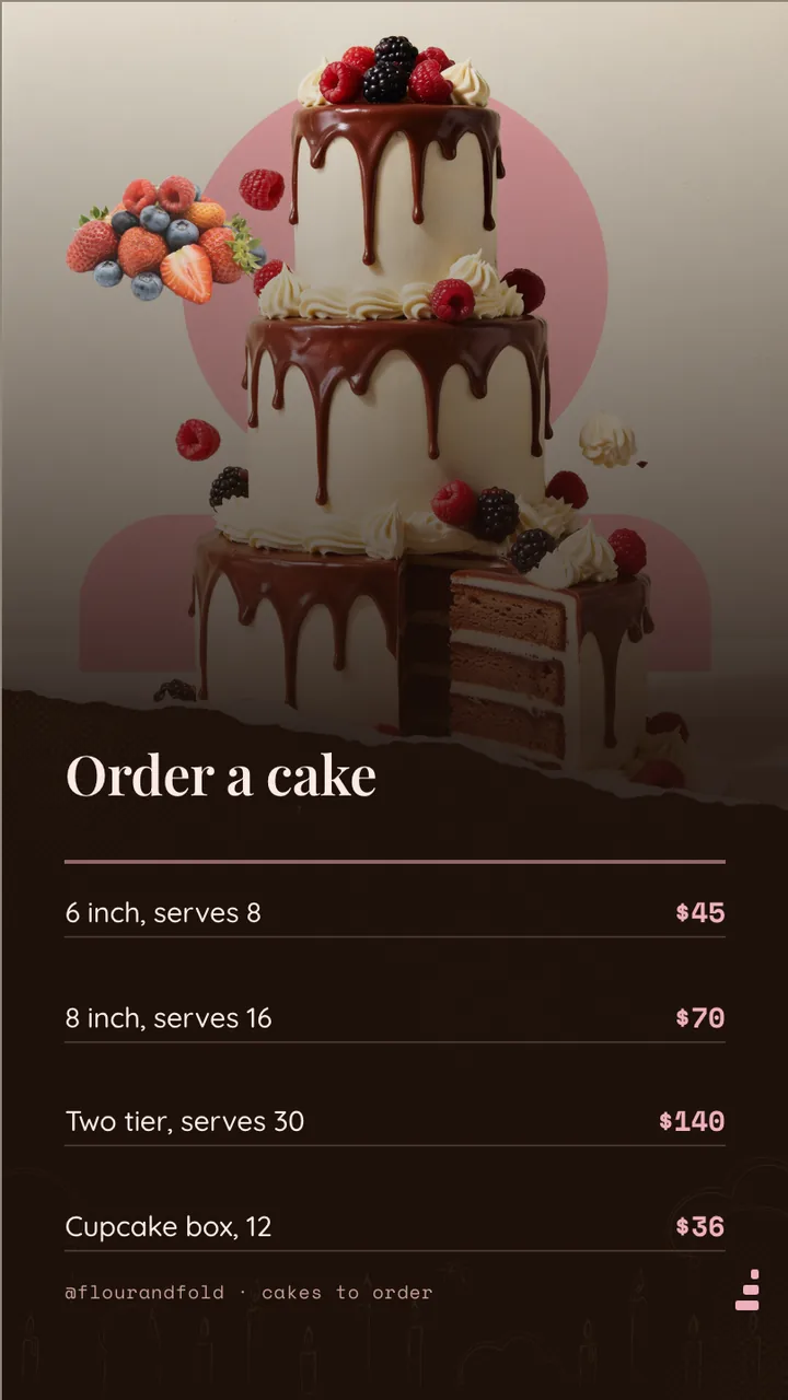 Cake shop custom order board · Portrait for Flour & Fold: slide 2 of 4, the priced menu of dishes