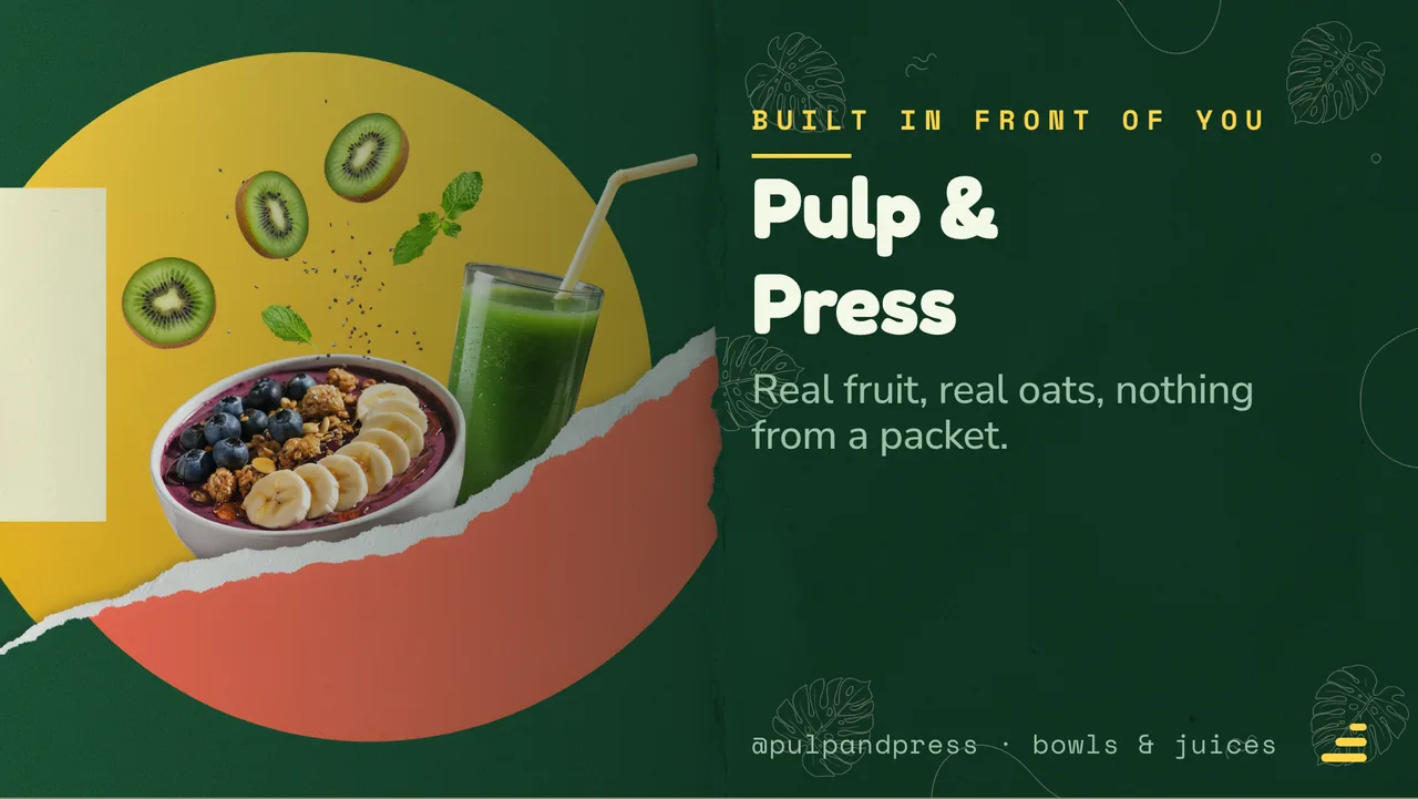 Acai bowl and juice menu board: the opening slide, showing the venue name and what it is known for
