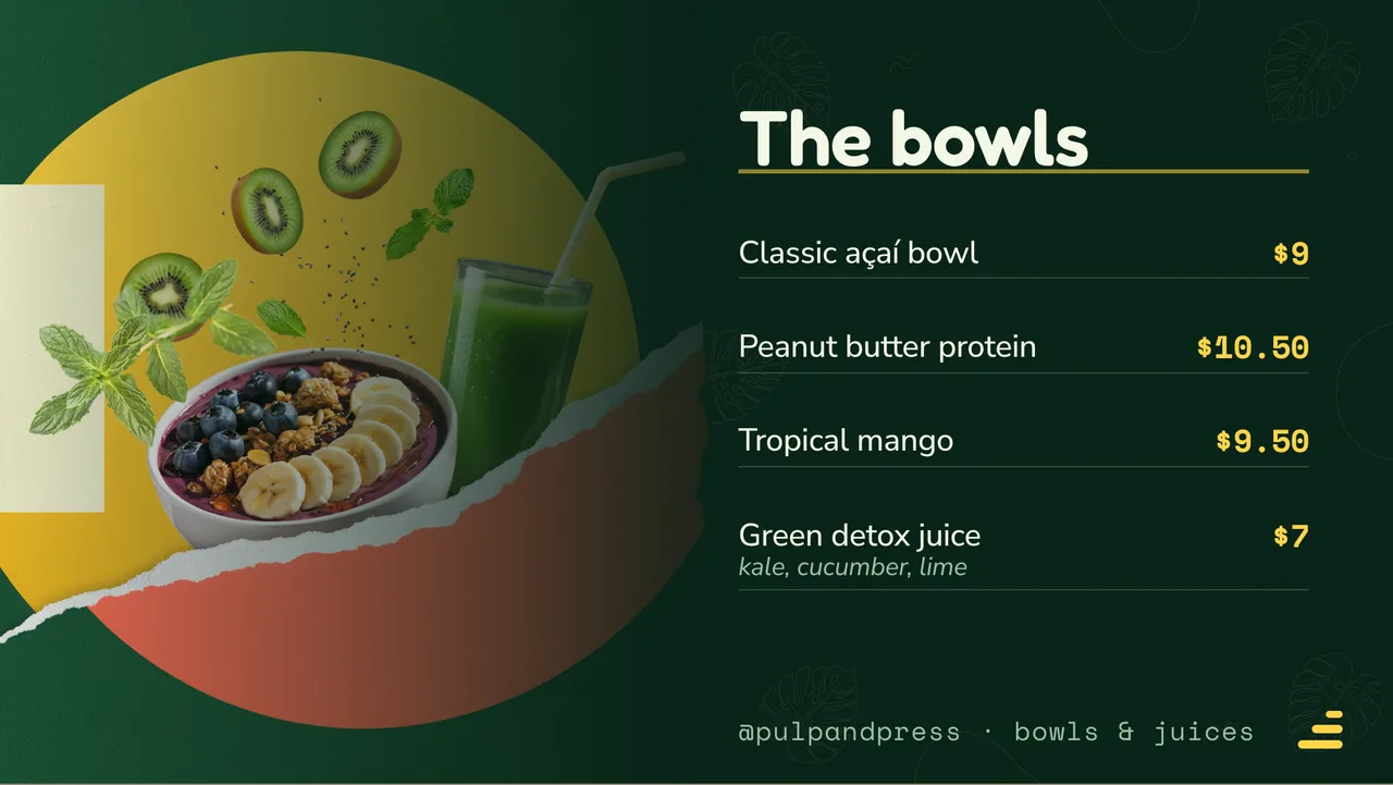 Acai bowl and juice menu board · Landscape for Pulp & Press: slide 2 of 4, the priced menu of dishes