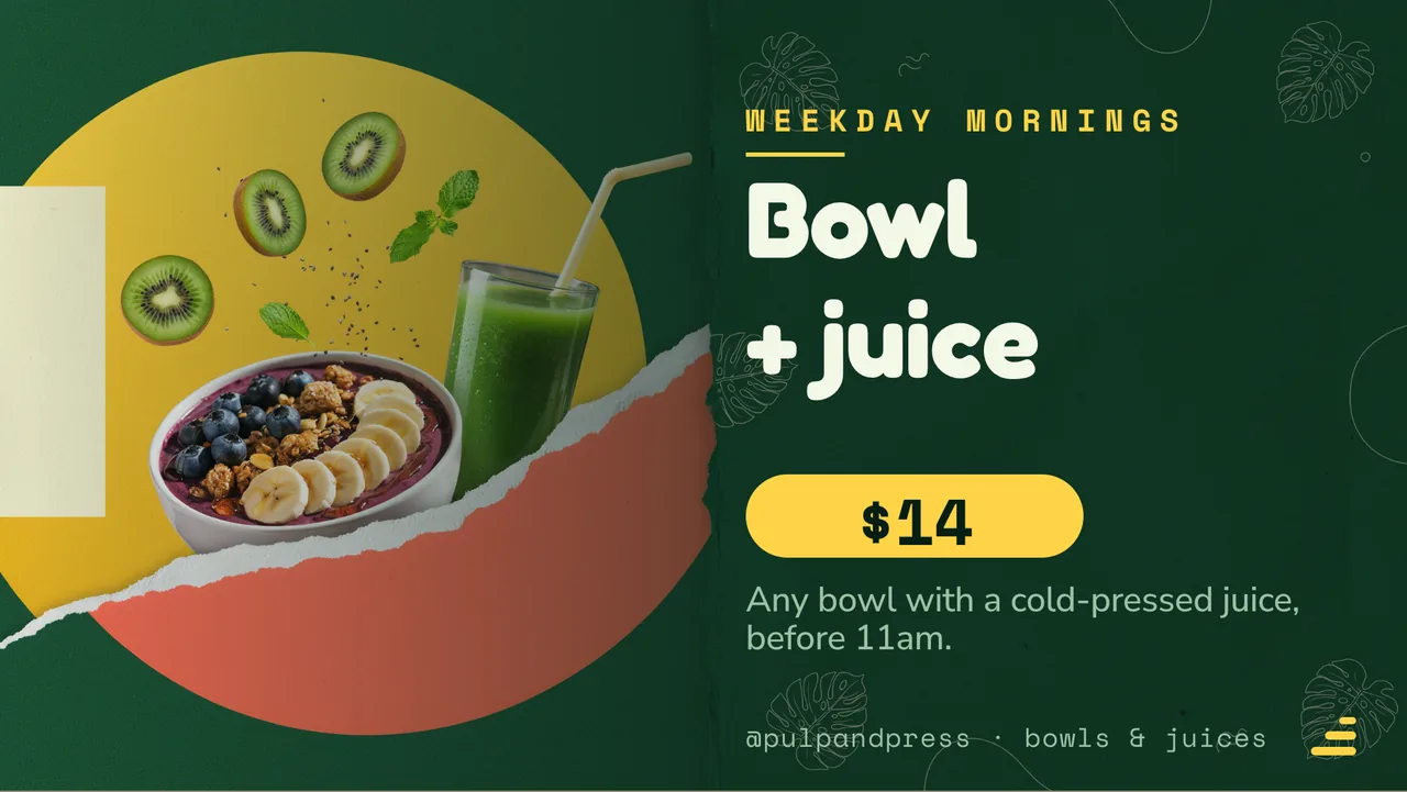 Acai bowl and juice menu board · Landscape for Pulp & Press: slide 3 of 4, the offer of the day with its price