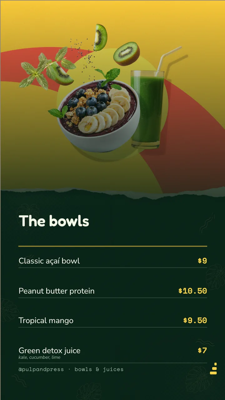 Acai bowl and juice menu board · Portrait for Pulp & Press: slide 2 of 4, the priced menu of dishes