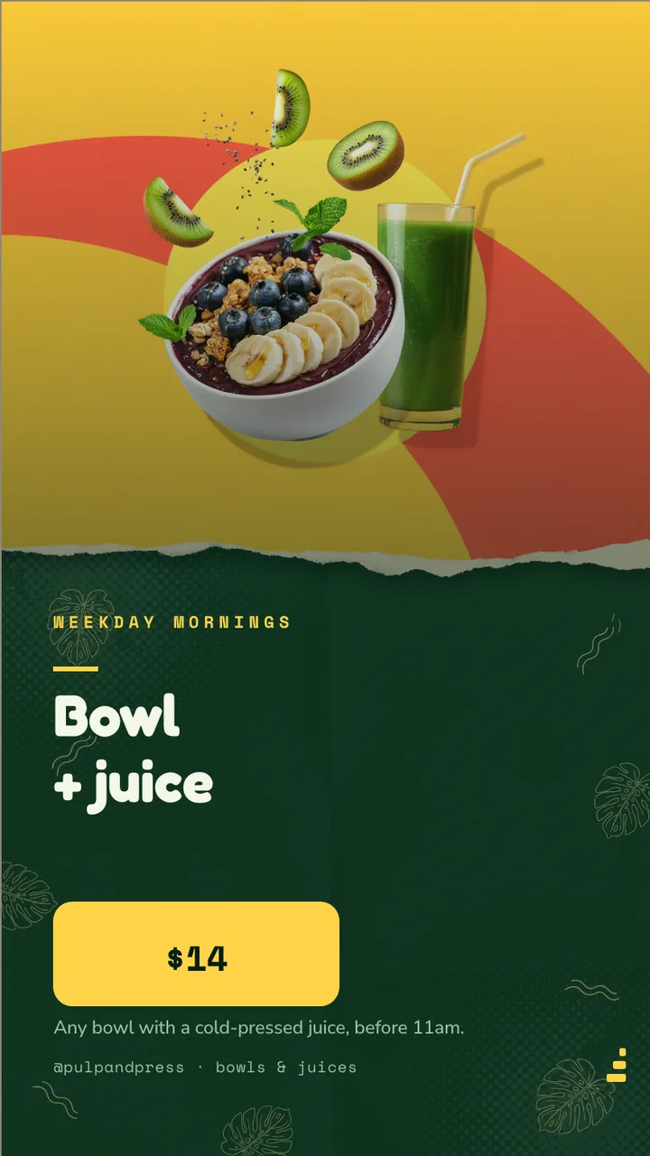 Acai bowl and juice menu board · Portrait for Pulp & Press: slide 3 of 4, the offer of the day with its price