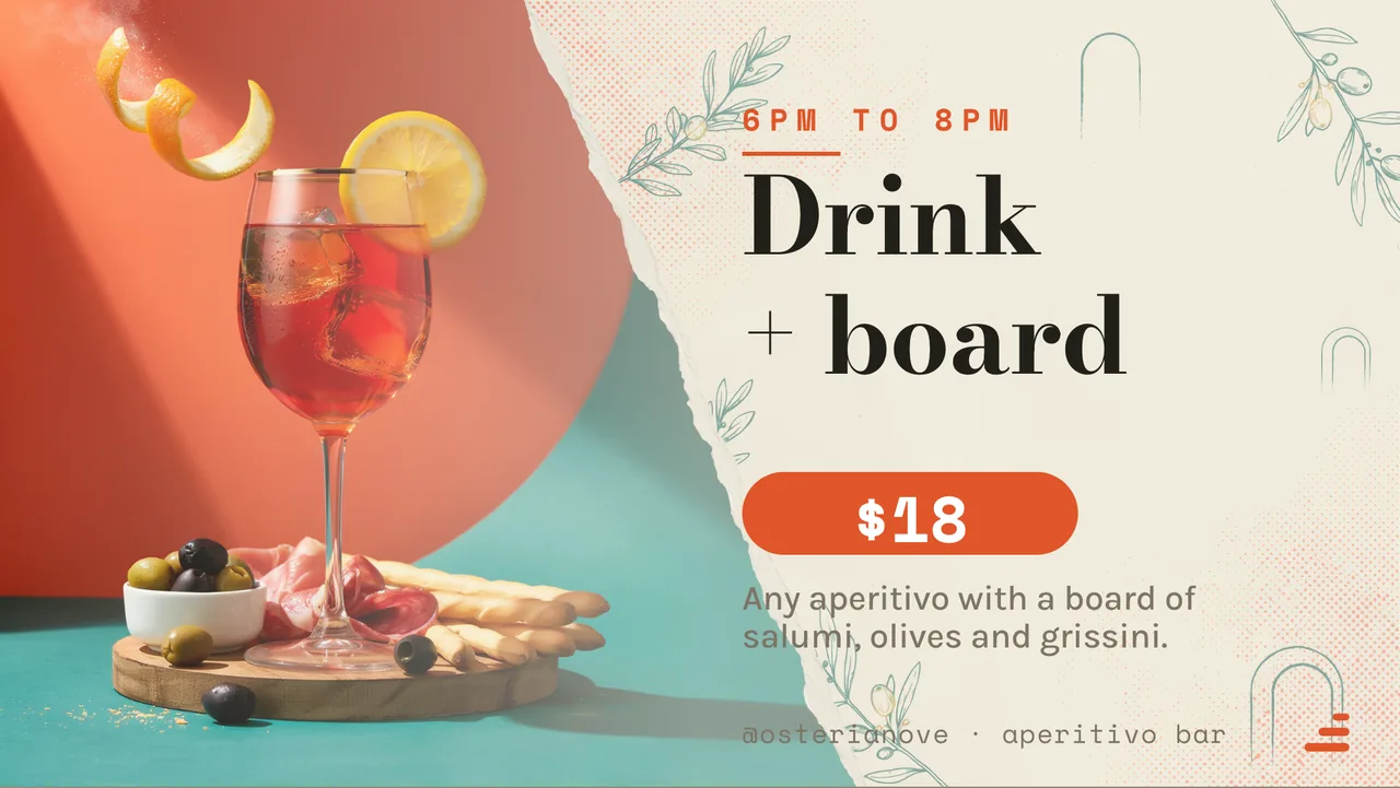 Aperitivo evening drinks board · Landscape for Osteria Nove: slide 3 of 4, the offer of the day with its price