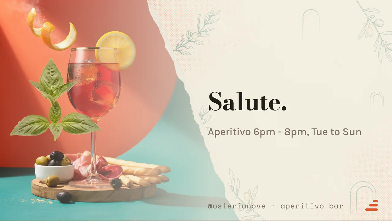 Aperitivo evening drinks board · Landscape for Osteria Nove: slide 4 of 4, the sign-off with opening hours