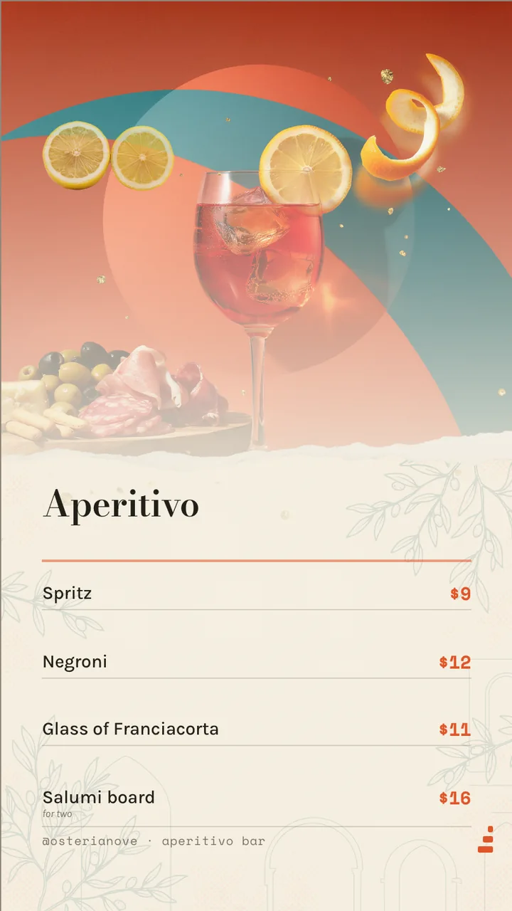 Aperitivo evening drinks board · Portrait for Osteria Nove: slide 2 of 4, the priced menu of dishes