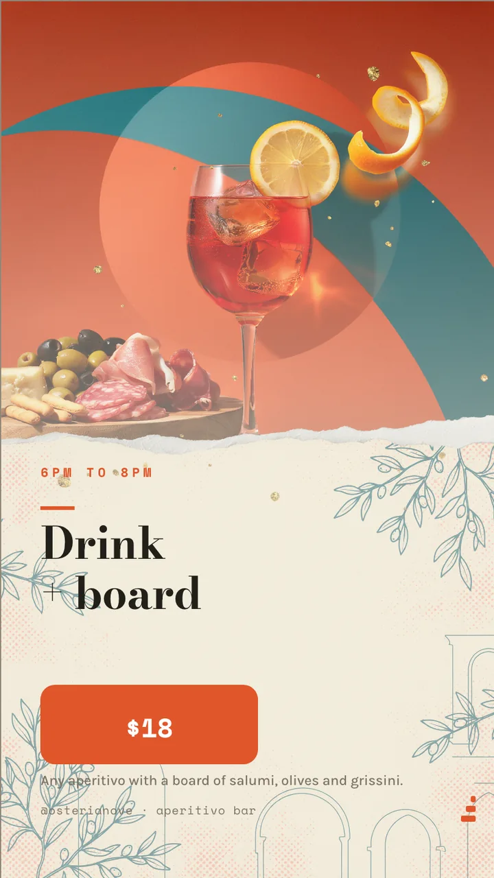 Aperitivo evening drinks board · Portrait for Osteria Nove: slide 3 of 4, the offer of the day with its price