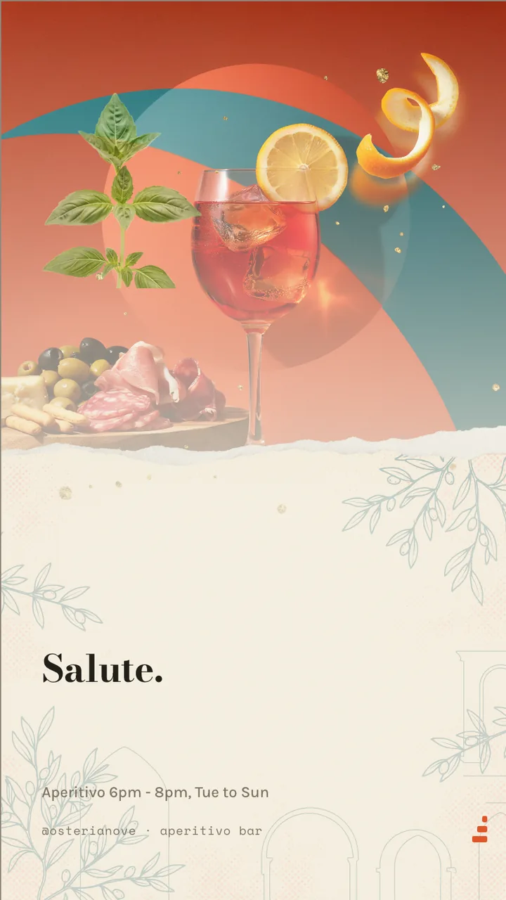 Aperitivo evening drinks board · Portrait for Osteria Nove: slide 4 of 4, the sign-off with opening hours