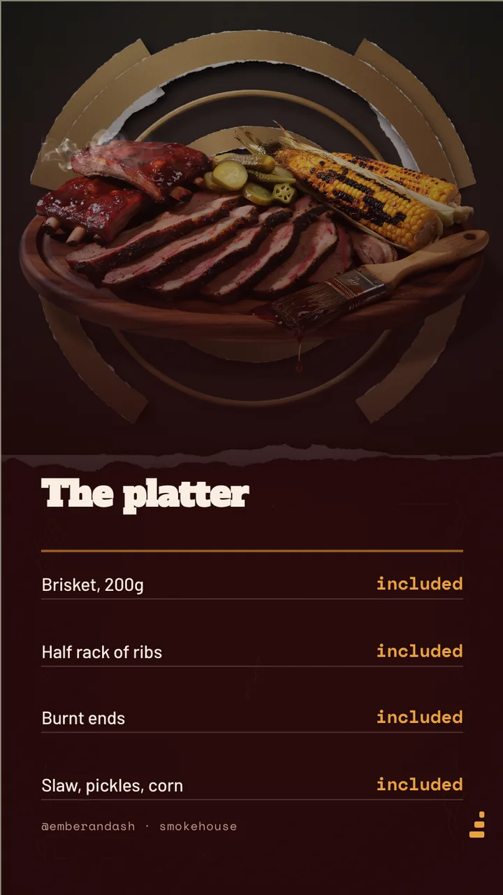 Smokehouse sharing platter board · Portrait for Ember & Ash: slide 2 of 4, the priced menu of dishes