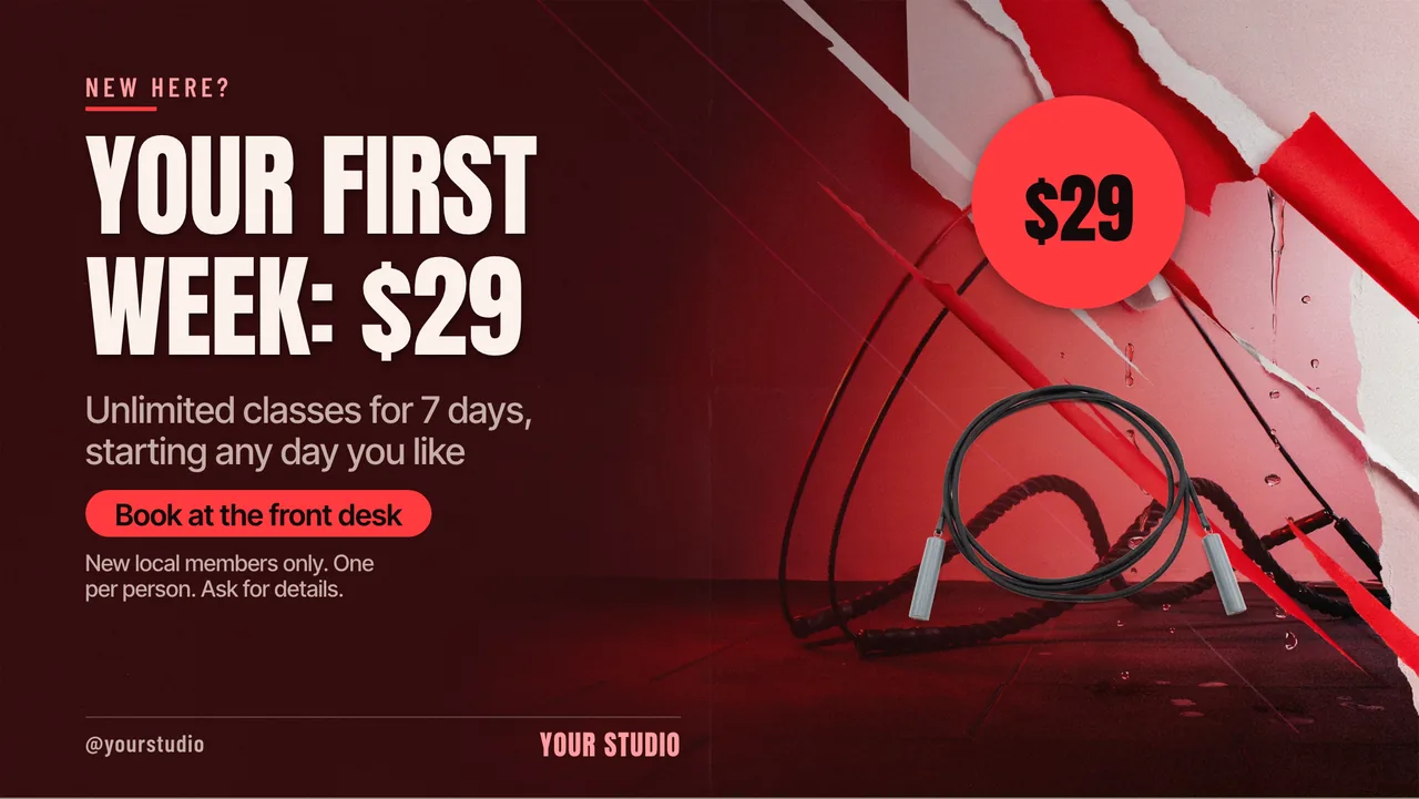 HIIT studio intro offer TV screen · Landscape for a HIIT or boutique fitness studio: slide 2 of 4, the offer with its price and terms