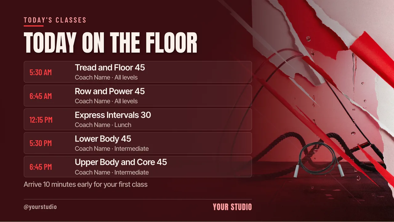 HIIT studio intro offer TV screen · Landscape for a HIIT or boutique fitness studio: slide 3 of 4, the schedule with times