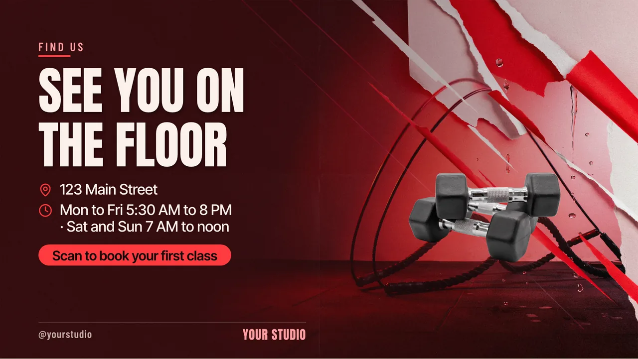 HIIT studio intro offer TV screen · Landscape for a HIIT or boutique fitness studio: slide 4 of 4, the address, hours and how to book or order