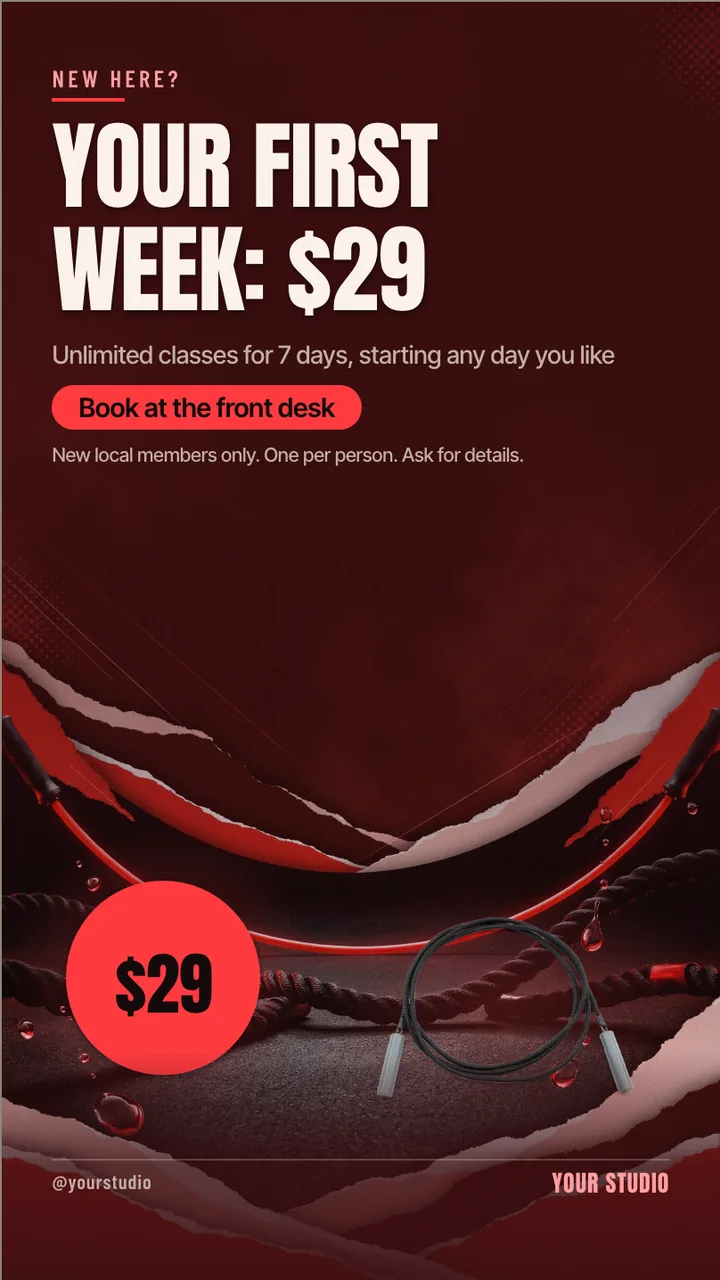 HIIT studio intro offer TV screen · Portrait for a HIIT or boutique fitness studio: slide 2 of 4, the offer with its price and terms