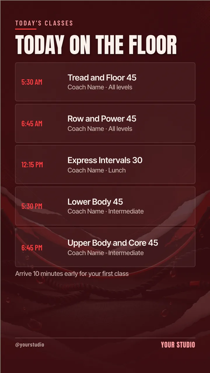 HIIT studio intro offer TV screen · Portrait for a HIIT or boutique fitness studio: slide 3 of 4, the schedule with times