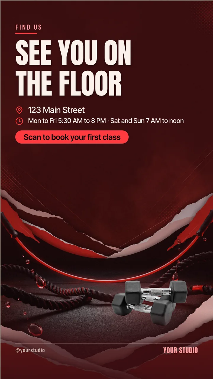 HIIT studio intro offer TV screen · Portrait for a HIIT or boutique fitness studio: slide 4 of 4, the address, hours and how to book or order