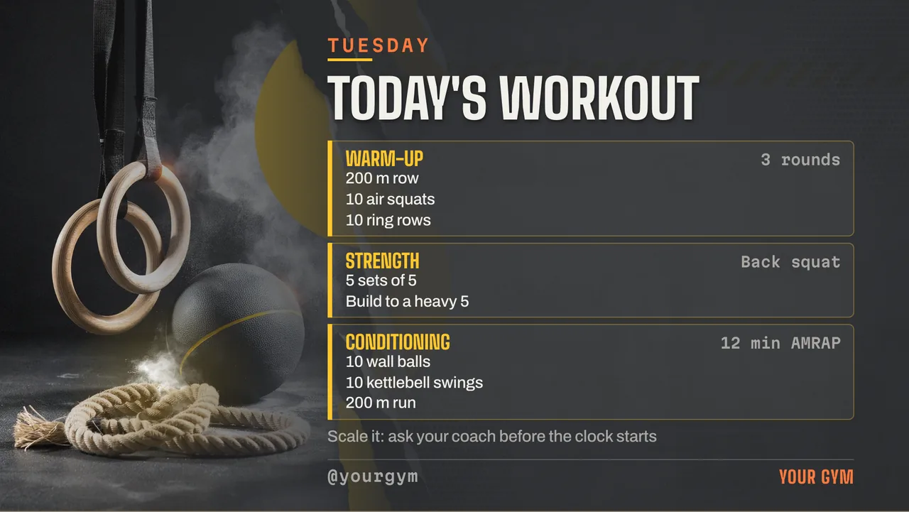 Workout of the day TV board for a box gym · Landscape for a strength and conditioning gym: slide 2 of 4, the menu with prices
